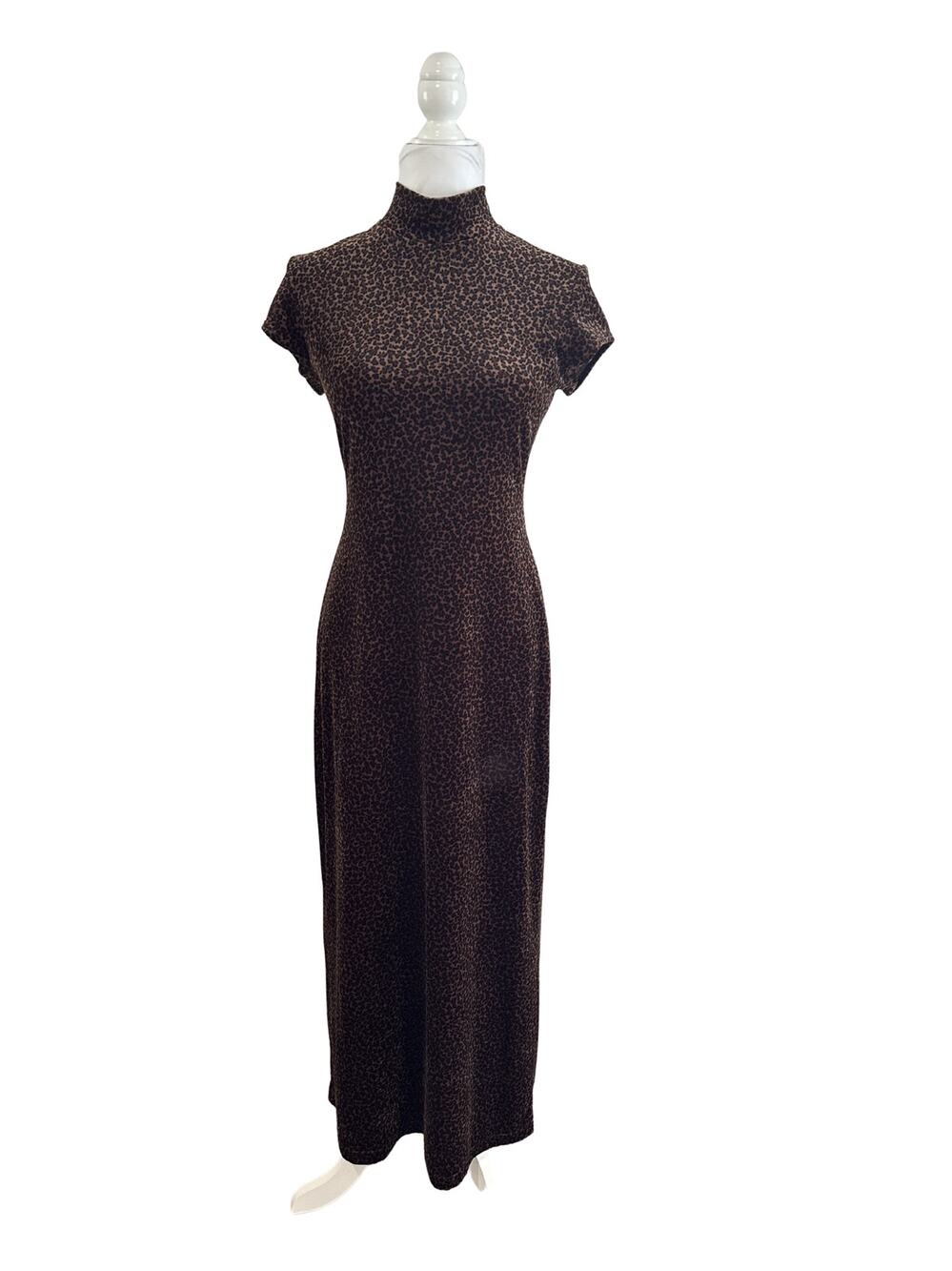 90s Jumping Joy Brown Black Leopard Print Mock Neck Maxi Dress Long Fitted l L